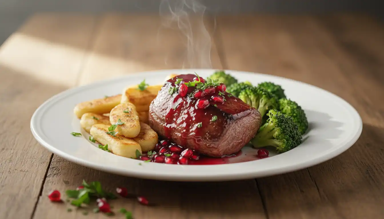 Rehkeule in Granatapfelsauce mit Schupfnudeln und Brokkoli
